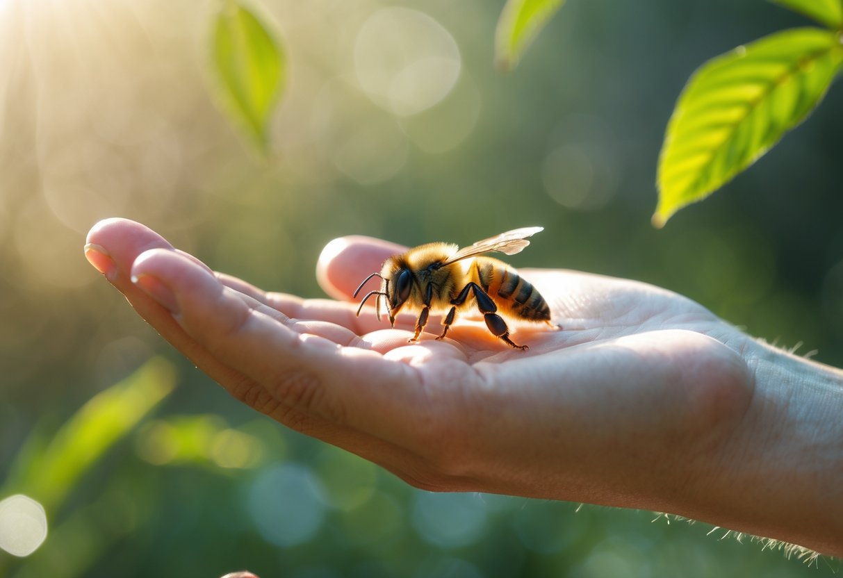 A human hand gently holding a honeybee resting on the fingertip with a blurred natural background.