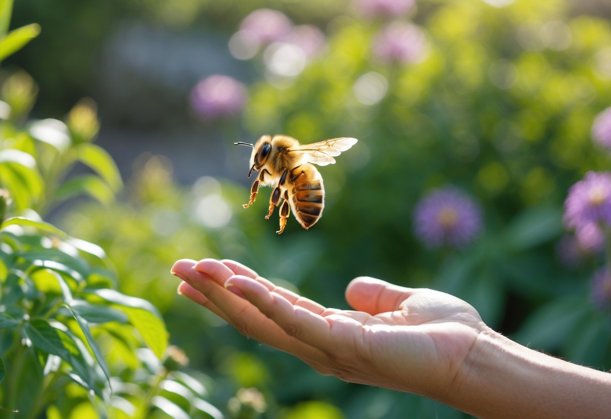 A honeybee hovering near a person's outstretched hand in a sunny garden with green plants and flowers in the background.