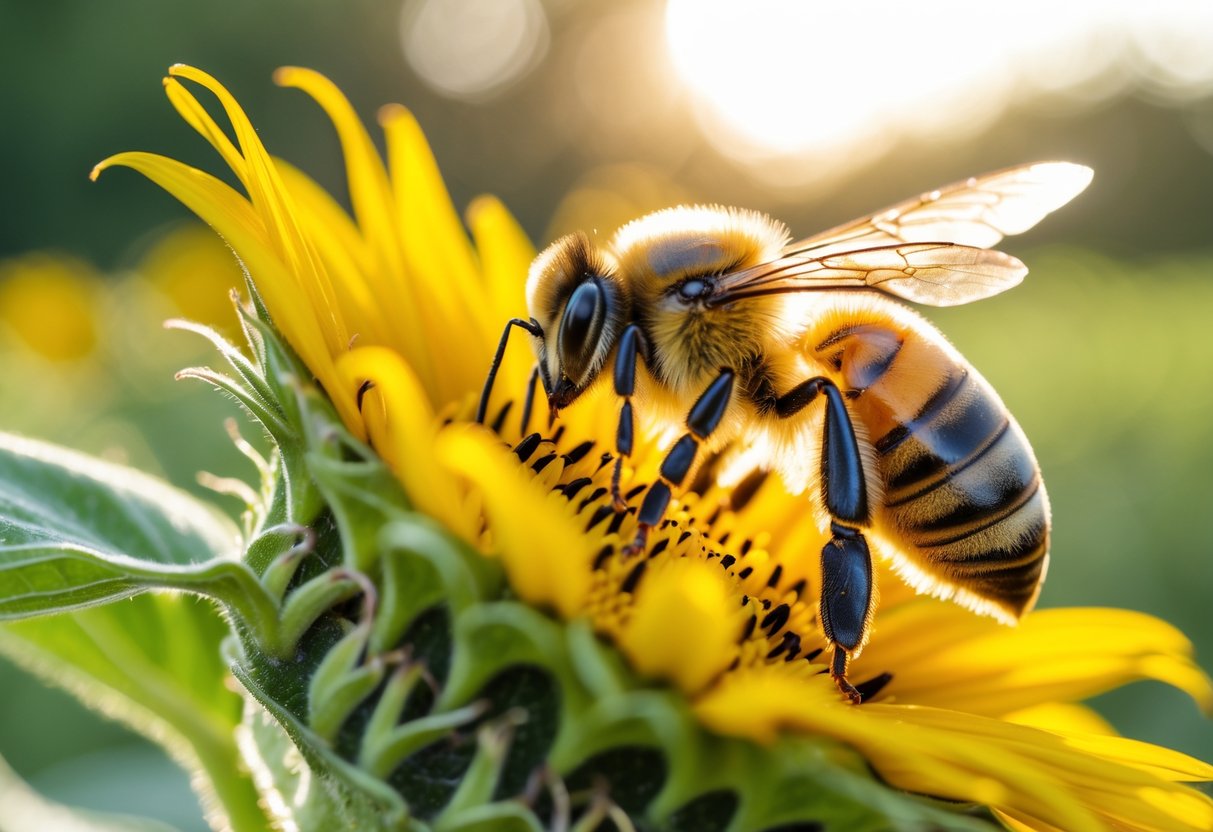 A honeybee resting on a yellow sunflower with green blurred background.