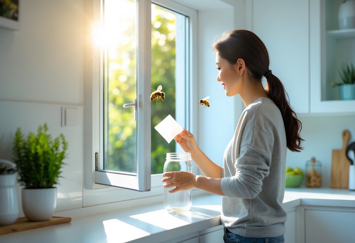 A person gently opening a window in a kitchen to let a bee fly outside while carefully capturing it with a glass jar and paper.