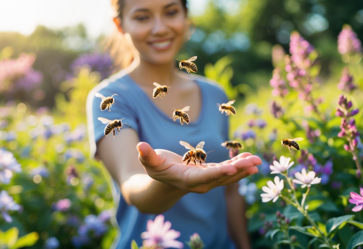 Person smiling in a garden with bees hovering near their hand among blooming flowers.