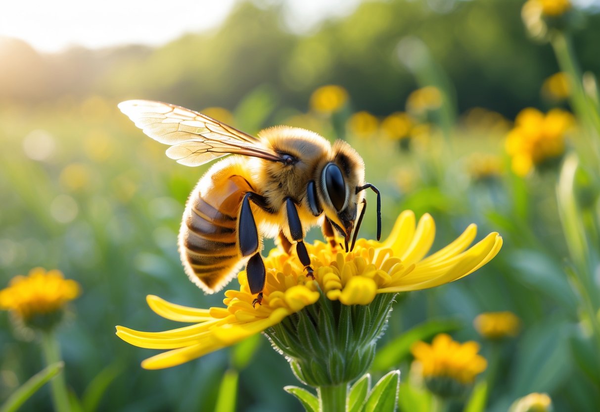 A honeybee resting on a yellow flower in a sunlit meadow with green plants in the background.