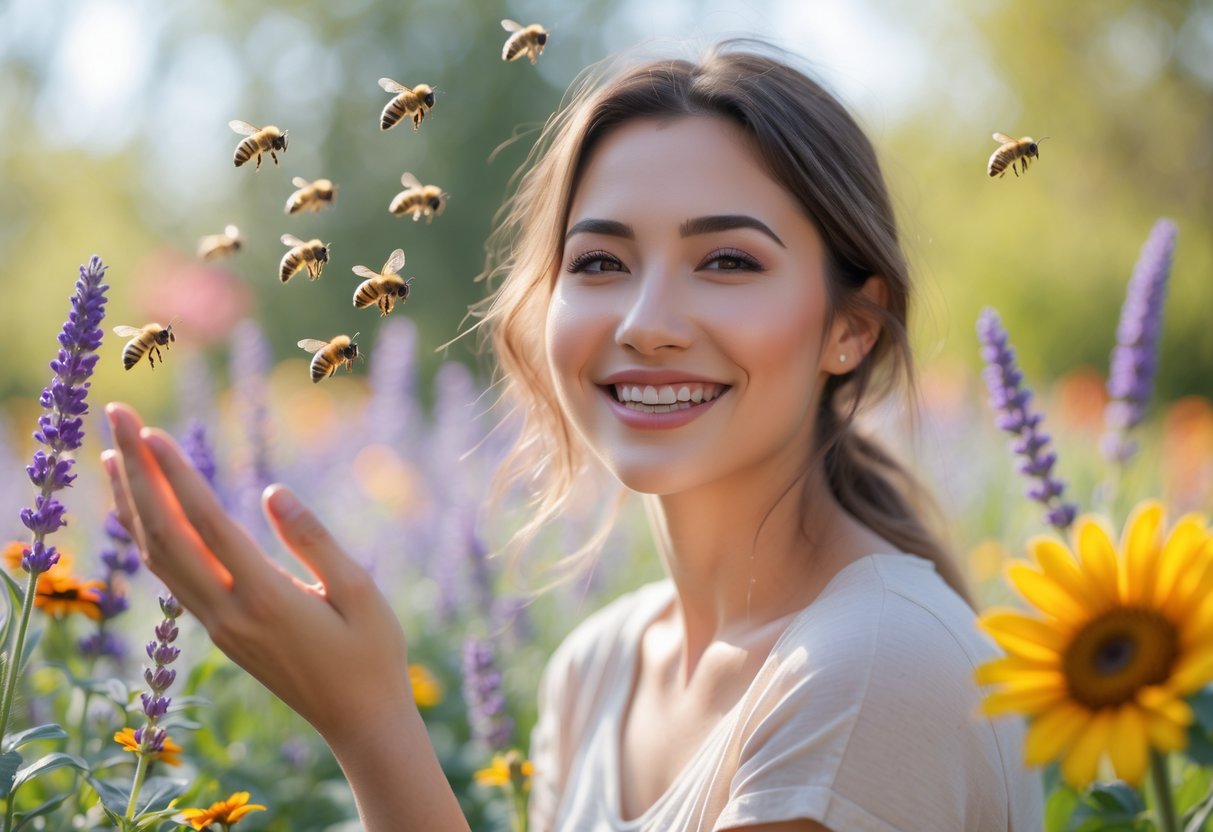 A young woman outdoors in a garden with bees hovering near her hand among colorful flowers.