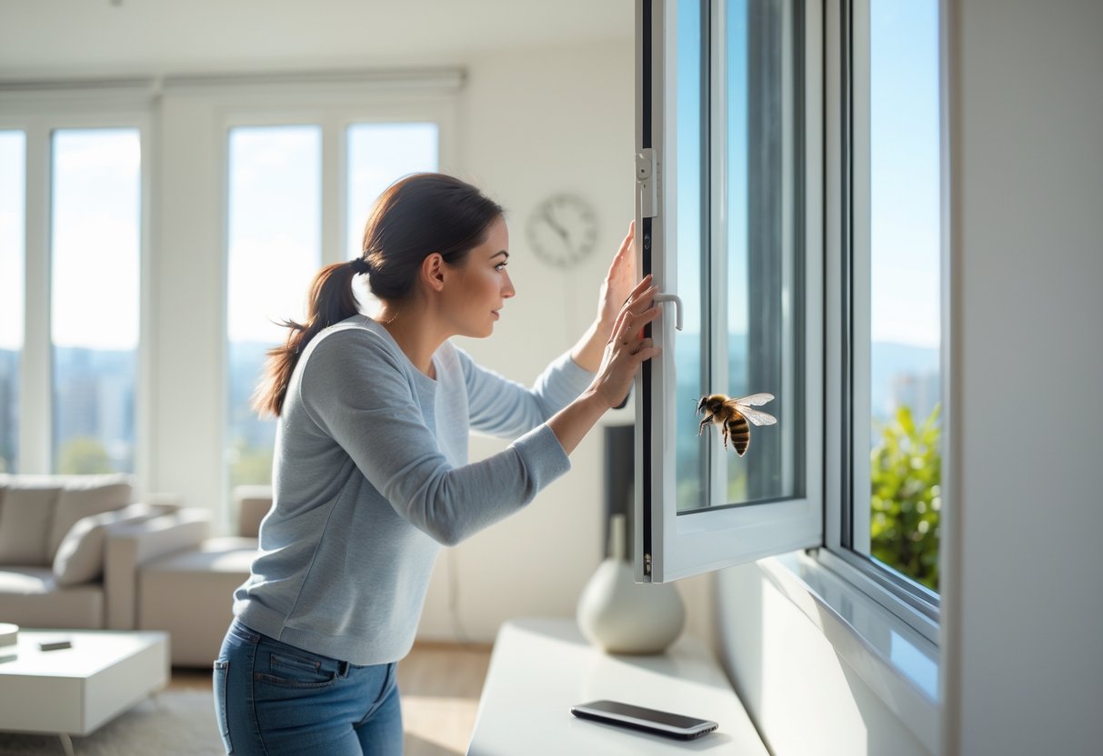 A person opening a window in a living room to let a bee outside.