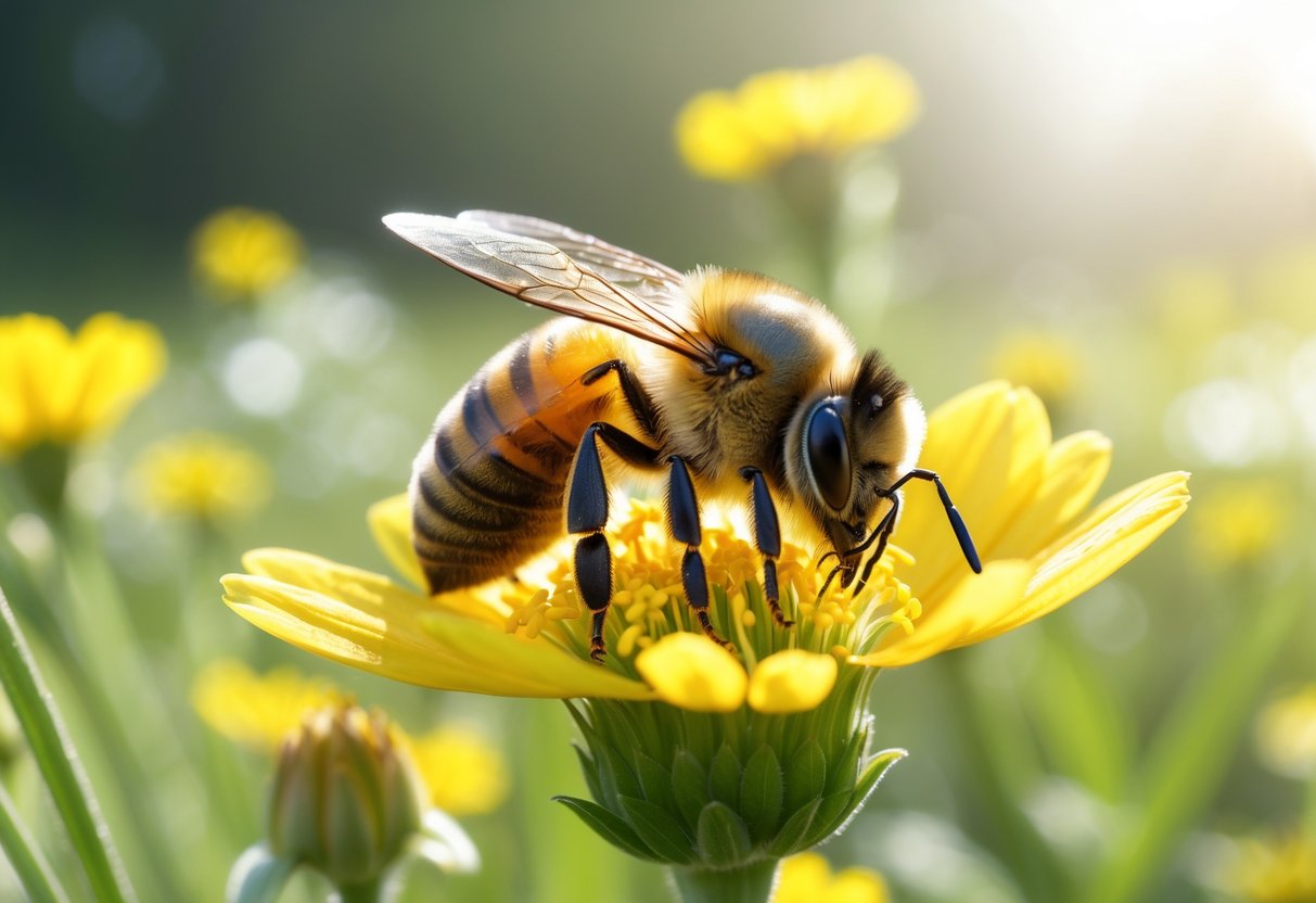 A close-up of a honeybee on a yellow flower in a sunlit meadow with blurred flowers and greenery in the background.
