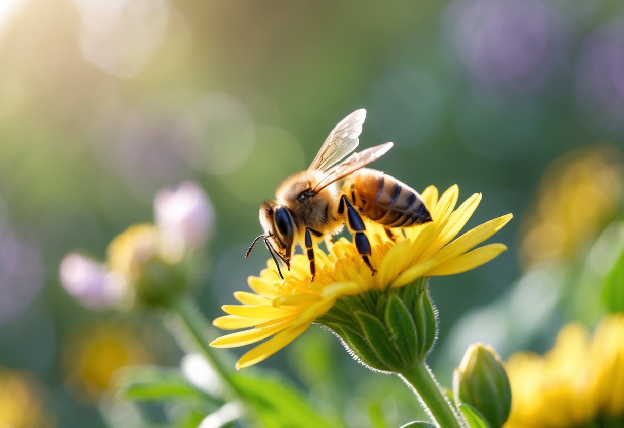 A honeybee resting on a yellow flower in a sunlit garden with green foliage in the background.