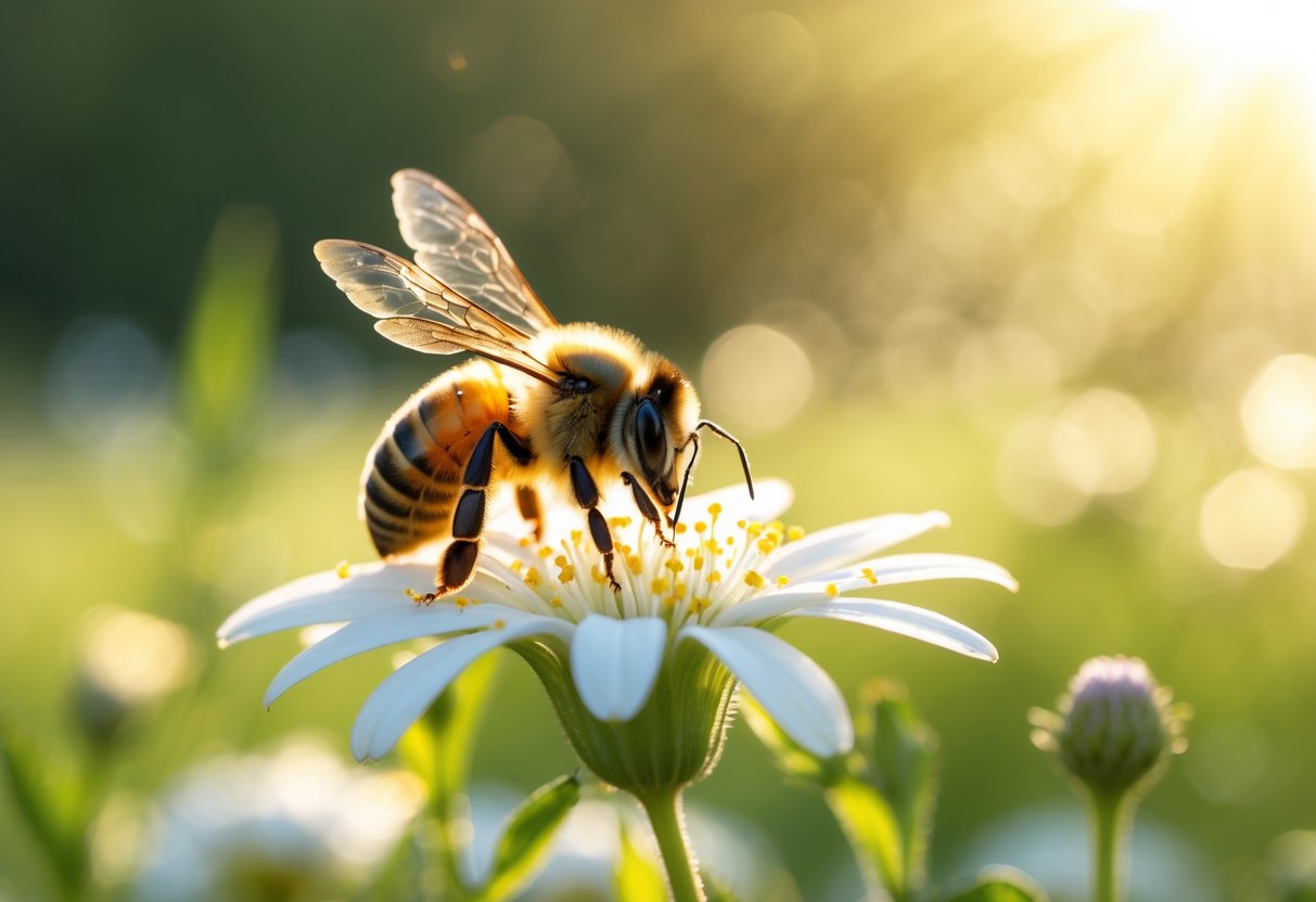 A honeybee resting on a white flower in a sunlit meadow with soft greenery in the background.