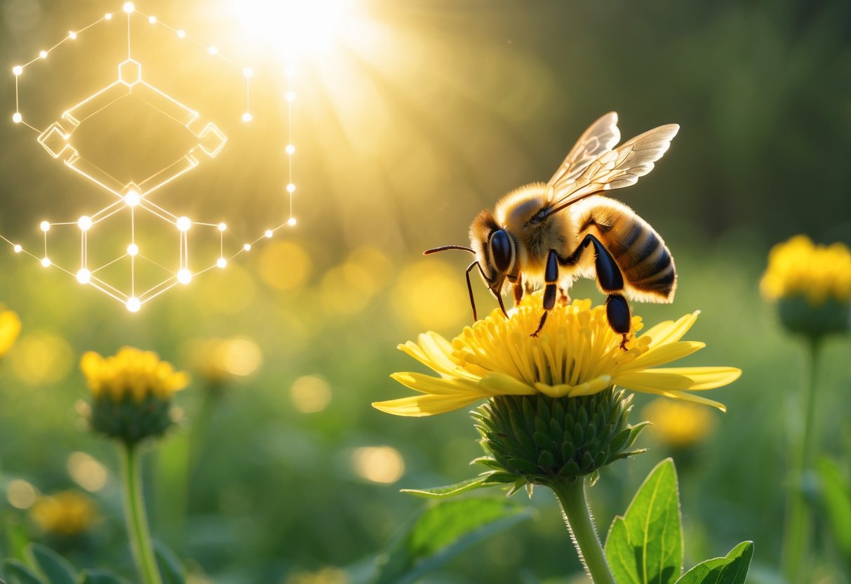 A close-up of a bee on a yellow flower with sunlight filtering through green leaves in the background.