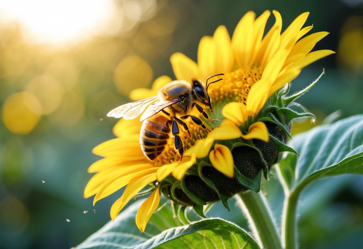 A honeybee collecting pollen on a bright yellow sunflower with green foliage in the background.