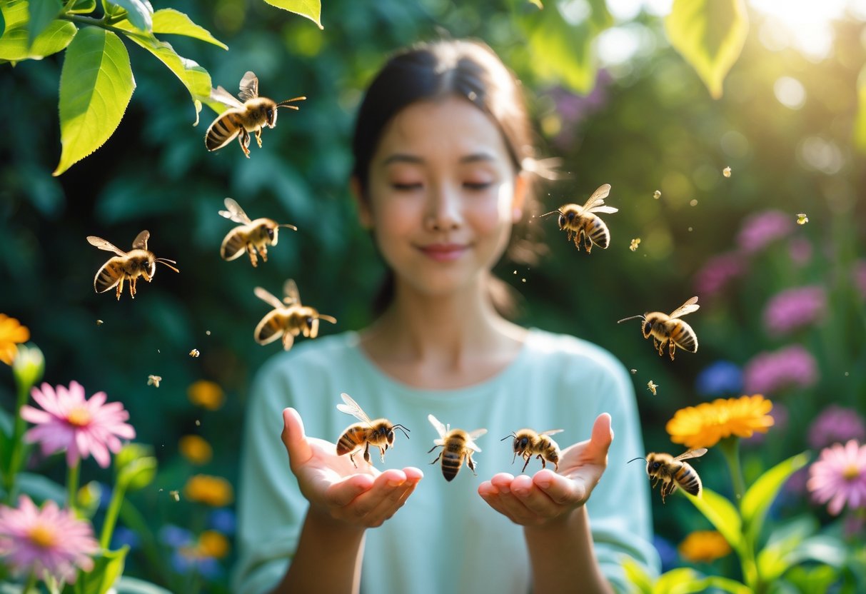 A person standing calmly in a garden with bees hovering around their face and hands.