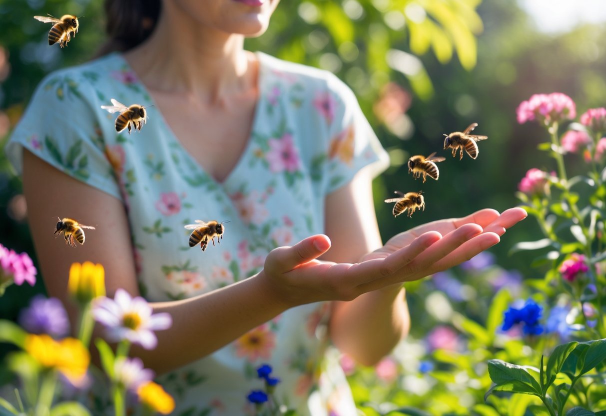A person outdoors surrounded by blooming flowers with bees flying near their hands and arms.