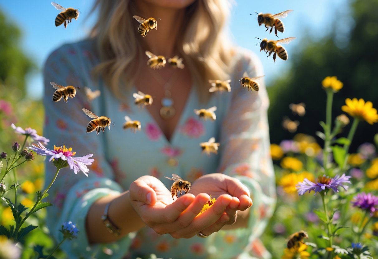 A person outdoors in a garden with colorful flowers, with bees flying around and landing nearby.