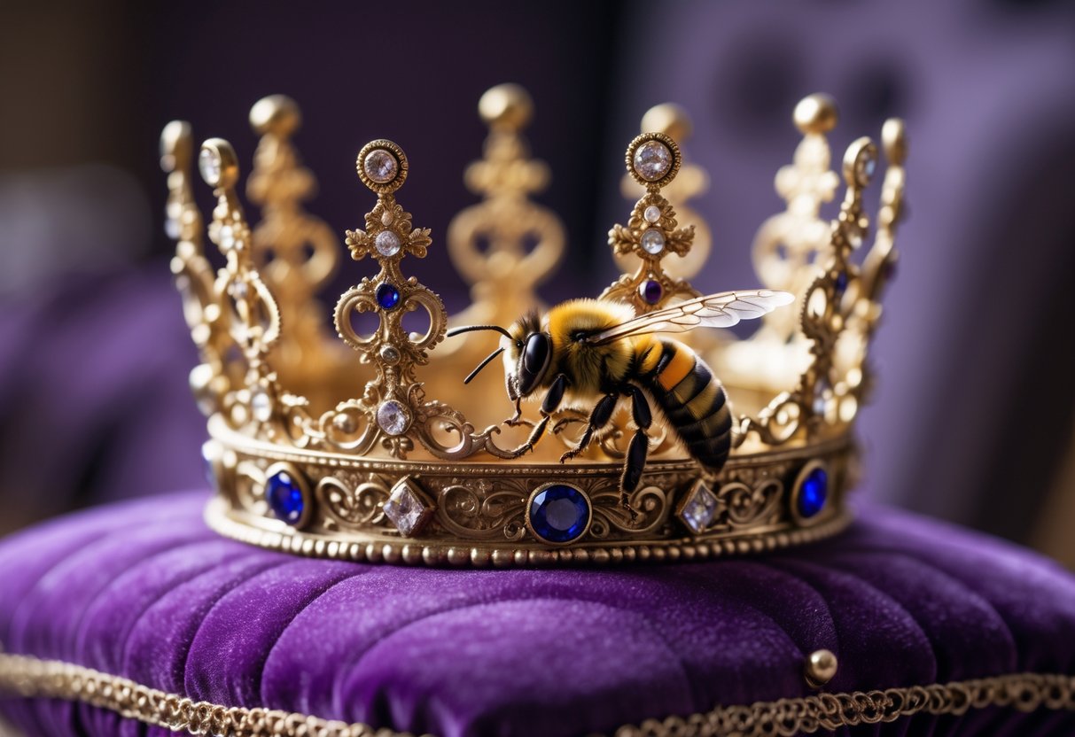 A bee sitting on a jeweled royal crown placed on a purple velvet cushion.