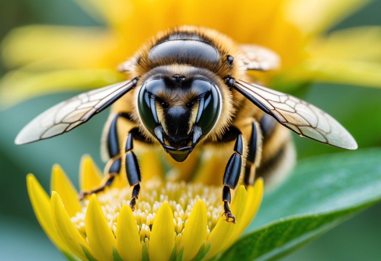 A close-up of a honeybee on a yellow flower looking directly at the camera.