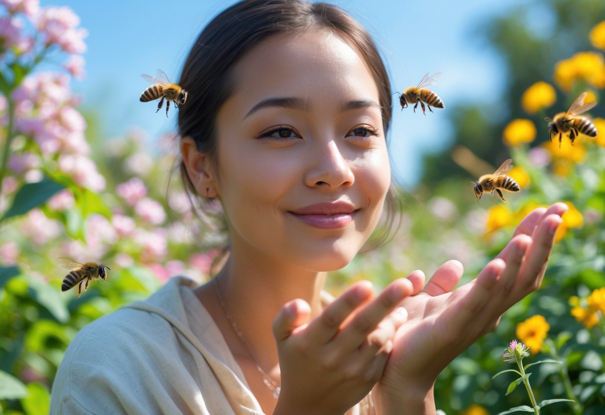 A person outdoors in a garden with bees hovering near their face and hands among blooming flowers.