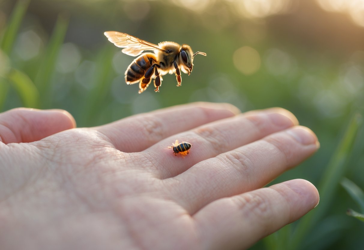 A close-up of a hand with a bee sting and a bee flying away.