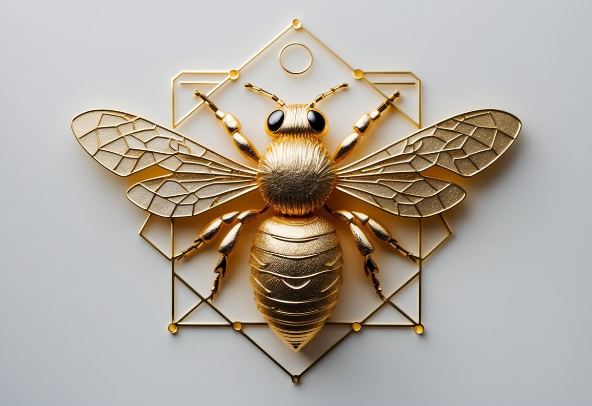 A detailed golden bee symbol with geometric patterns on a white background.