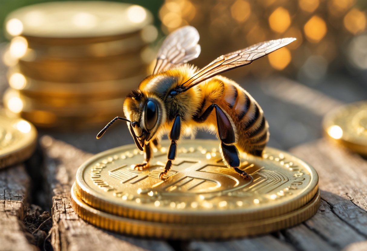 A honeybee sitting on a shiny golden coin on a wooden surface with blurred stacks of coins and a honeycomb pattern in the background.