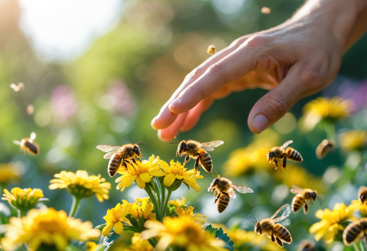 A calm person's hand near honeybees on yellow flowers in a sunlit garden.