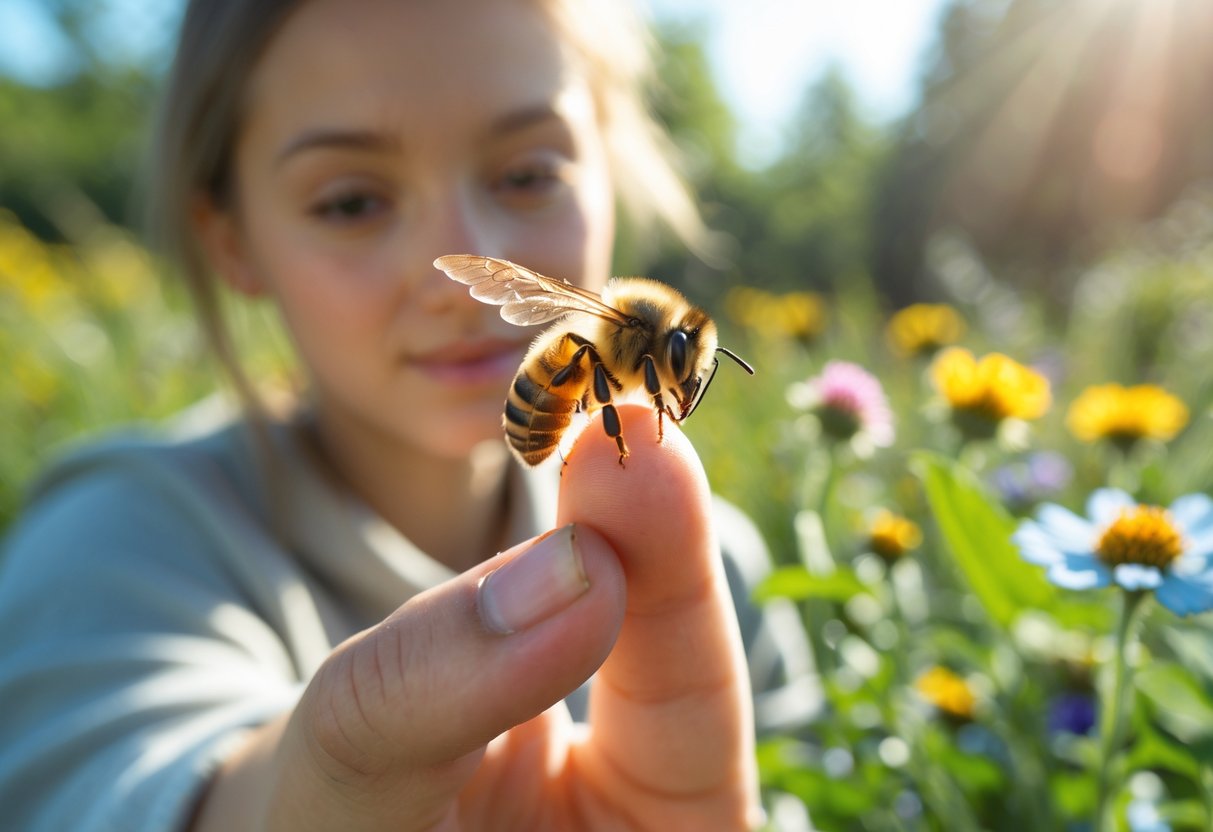 A person outdoors gently observing a honeybee on their finger in a garden.
