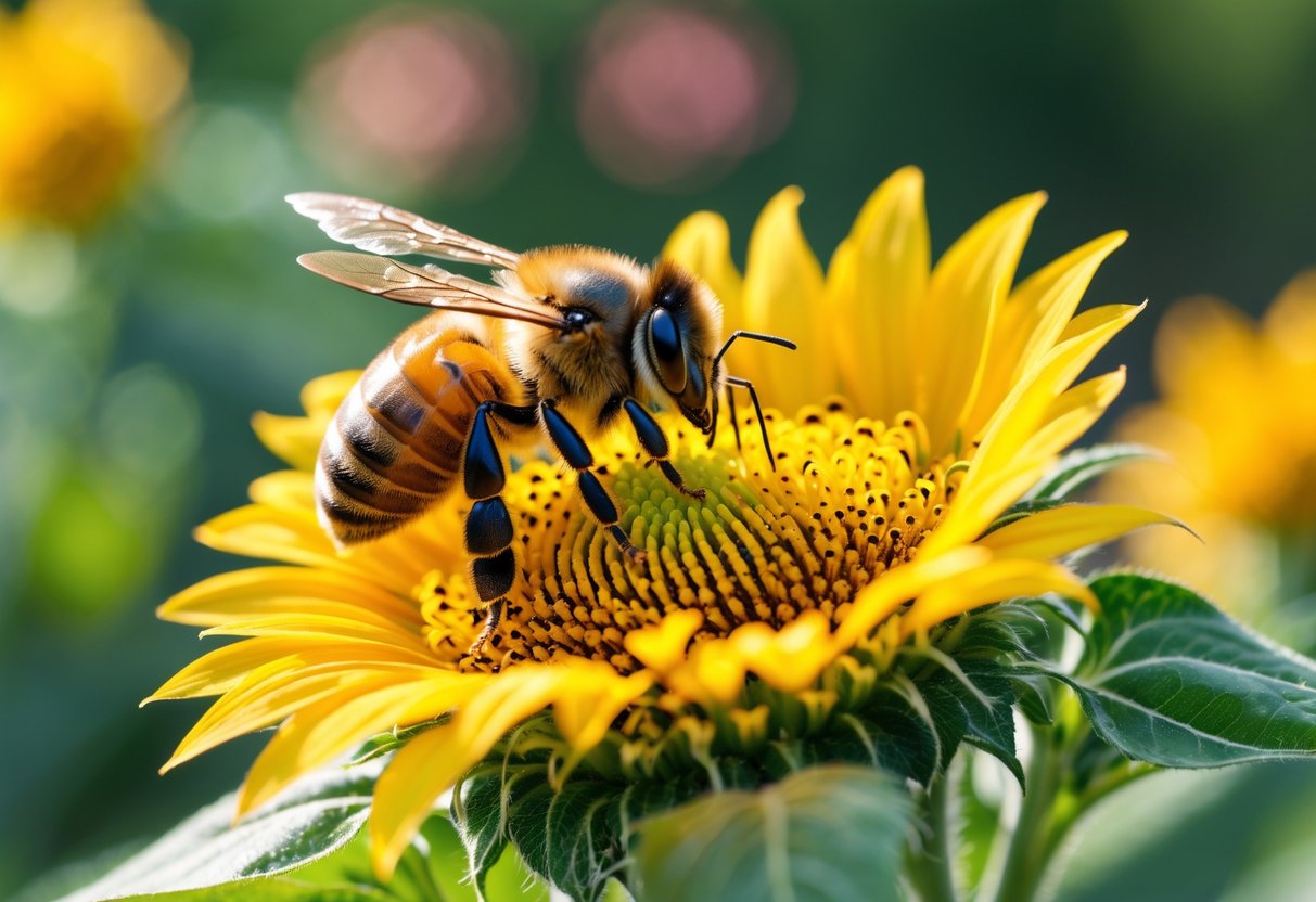 A honeybee resting on a yellow sunflower with green foliage in the background.