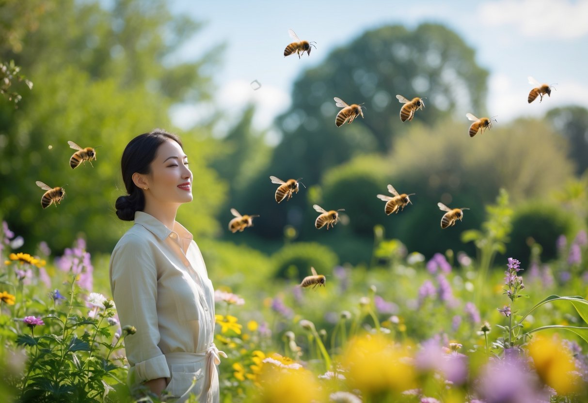 A calm person standing peacefully in a flower-filled garden with honeybees flying nearby.