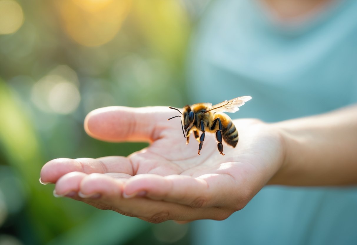 A person calmly holding out their hand near a bee hovering in the air in a garden setting.
