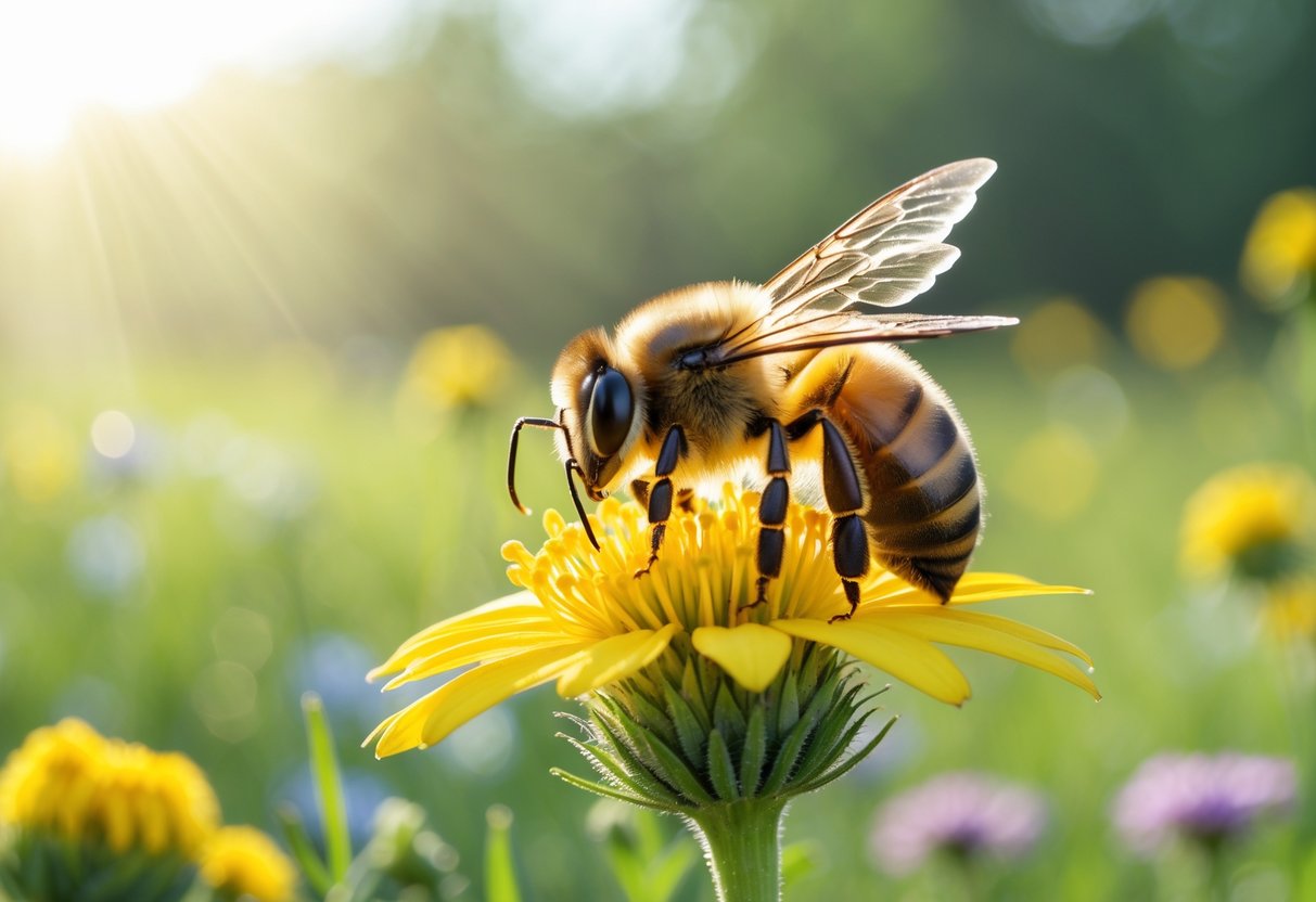 A close-up of a honeybee resting on a yellow flower in a sunlit meadow with blurred green foliage in the background.