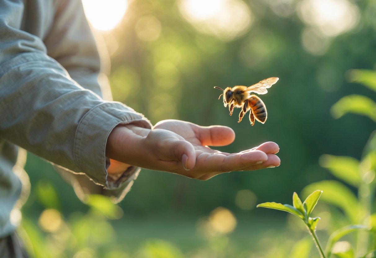 A person calmly holding out their hand near a hovering honeybee in a natural outdoor setting.