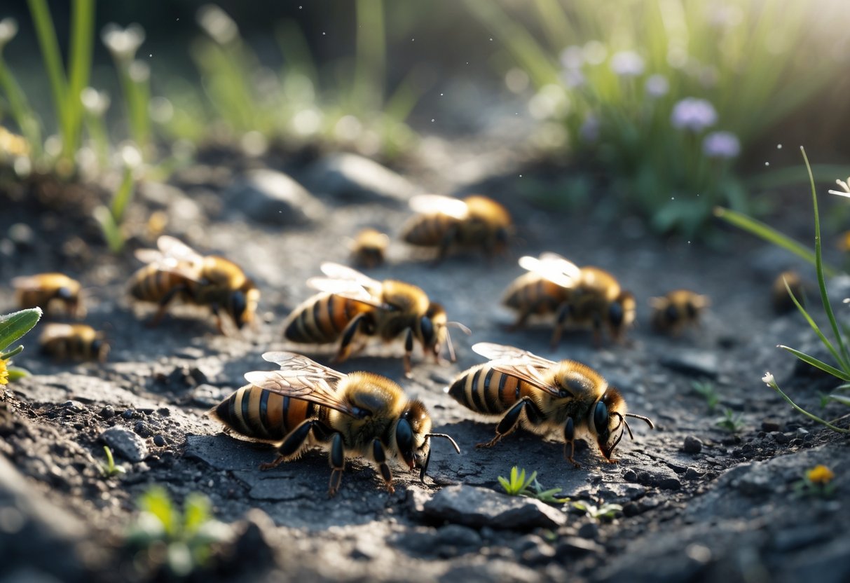 Several dead bees lying on the ground surrounded by grass and small plants.