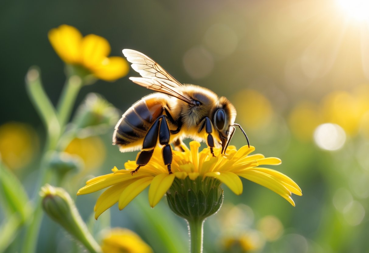 A close-up of a bee sitting on a yellow flower in a sunlit garden with blurred flowers and greenery in the background.
