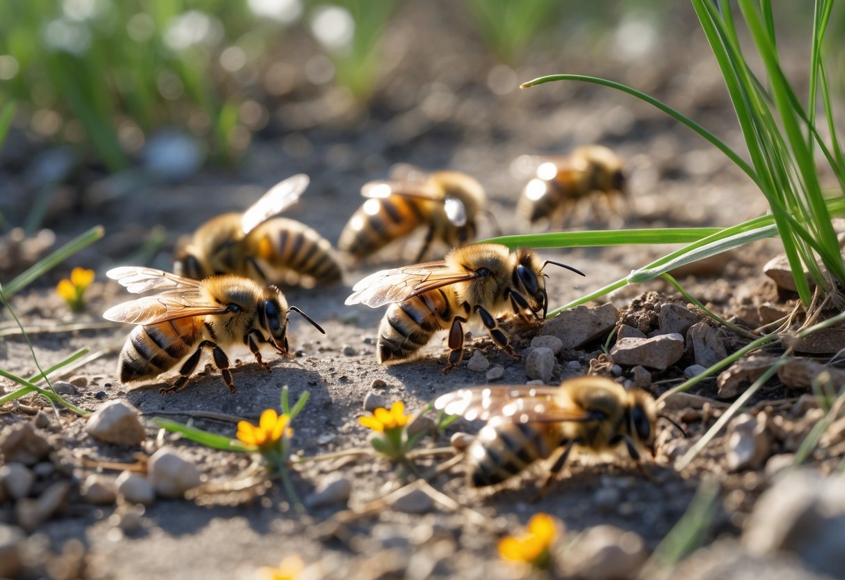Close-up of several dead bees lying on the ground among grass and small flowers.