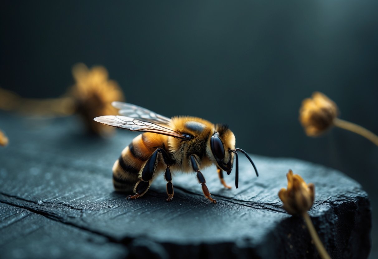 A close-up of a bee resting on a dark surface with blurred dried flowers and leaves in the background.
