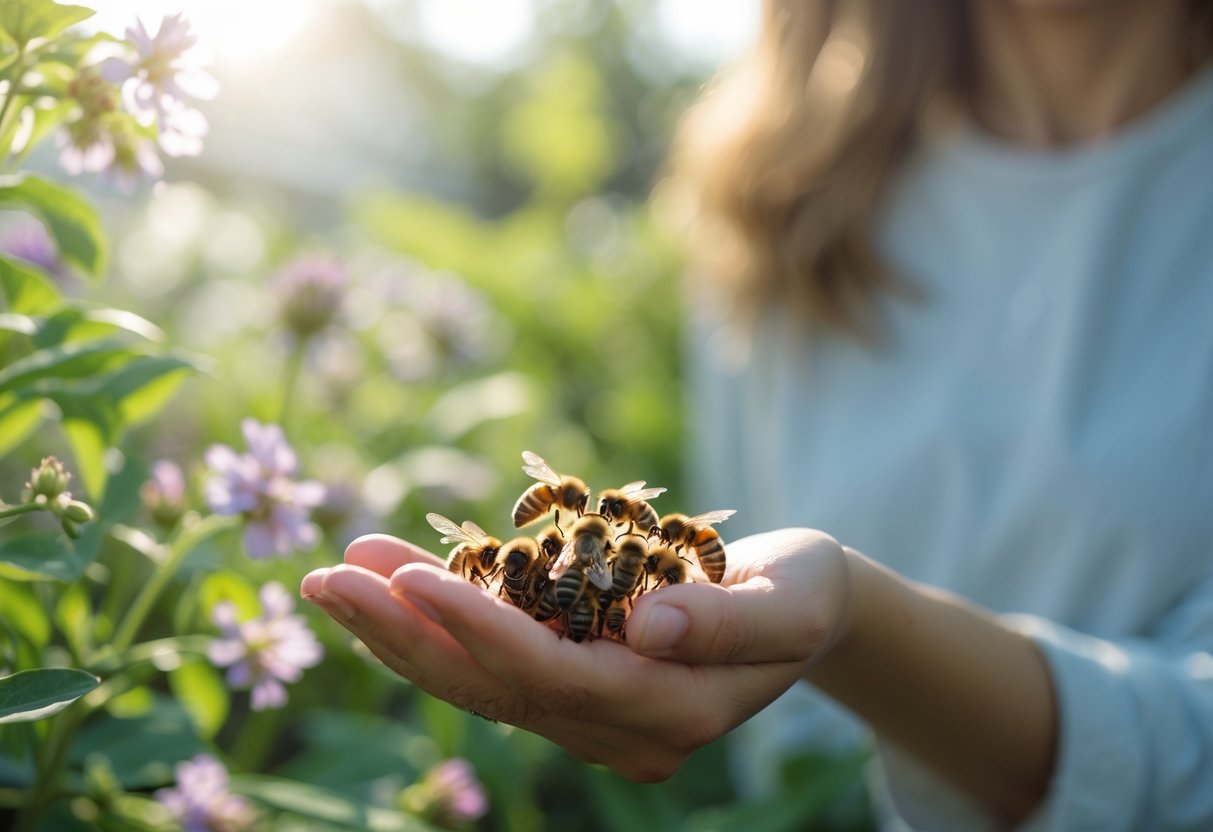 A person gently holding bees on their palm in a peaceful garden setting with flowers and sunlight.