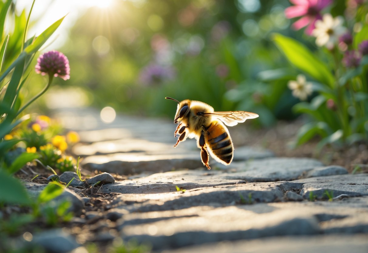 A bee flying over a sunlit garden path with flowers and greenery in the background.