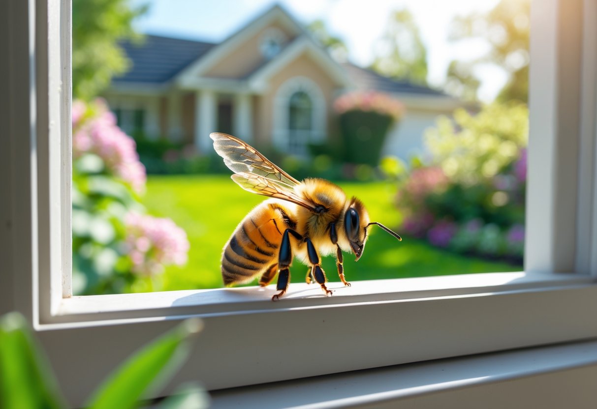 A honeybee resting on a sunlit window frame of a house with a garden in the background.