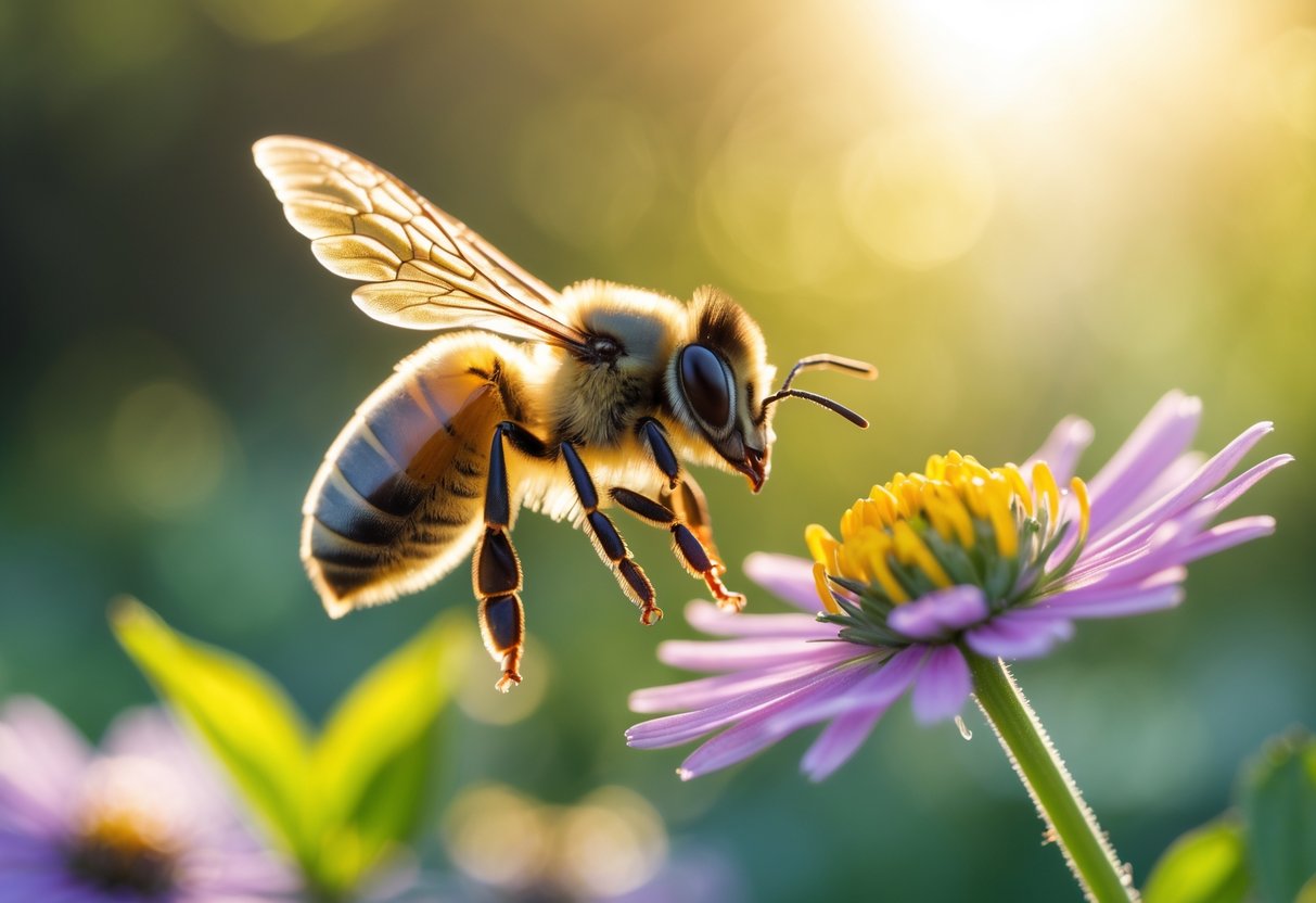 A bee flying towards a flower with green foliage in the background.