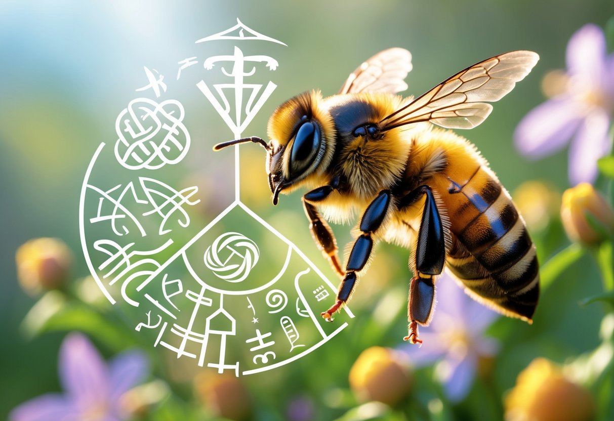 A close-up of a bee flying near flowers with faint cultural symbols blended into the background.