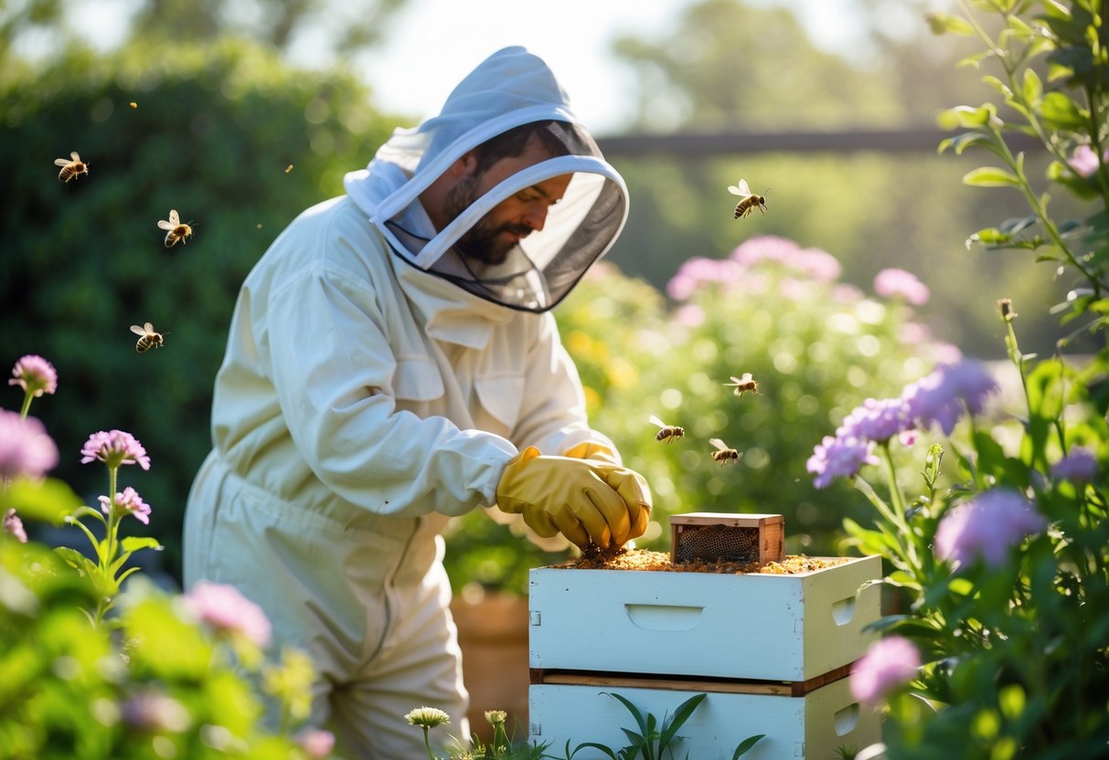 A beekeeper in protective gear gently observing a beehive outdoors with bees flying around.