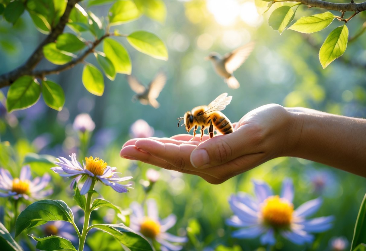 A person gently holding a honeybee on their finger with birds perched on tree branches nearby, surrounded by flowers and greenery.