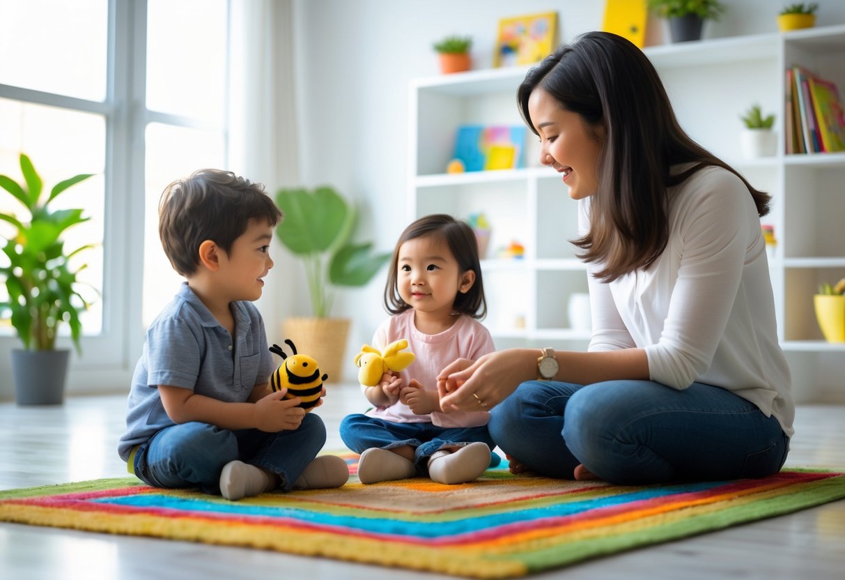 A parent talking to two young children sitting on a rug in a bright living room, one child holding a stuffed bee toy.