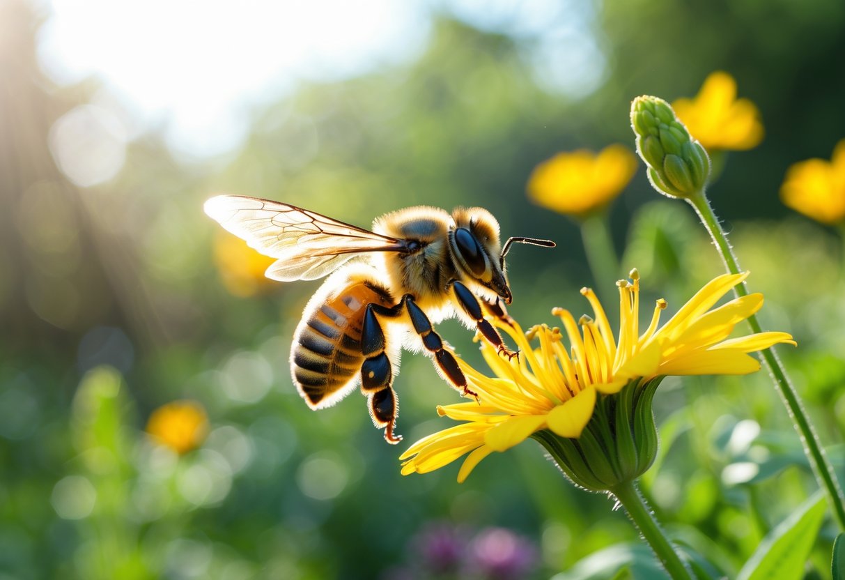 A honeybee hovering near a yellow flower in a sunlit garden.