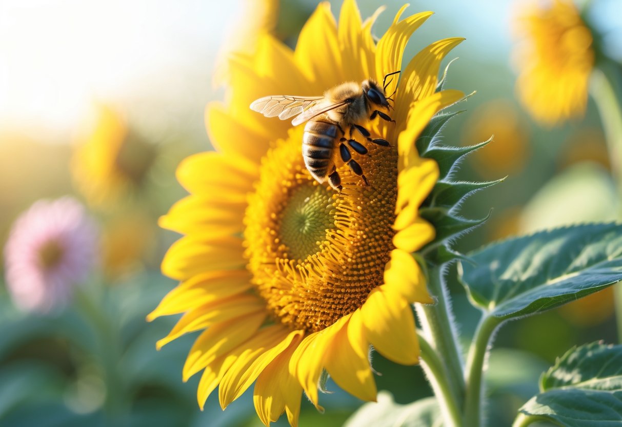 A bee collecting pollen on a bright yellow sunflower surrounded by green leaves and flowers.