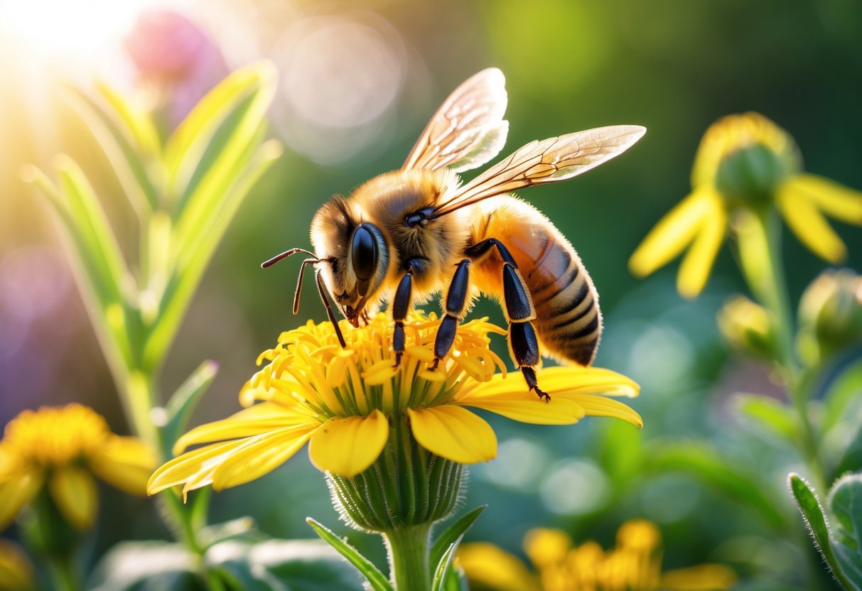 A honeybee collecting nectar on a yellow flower in a sunlit garden with green plants in the background.