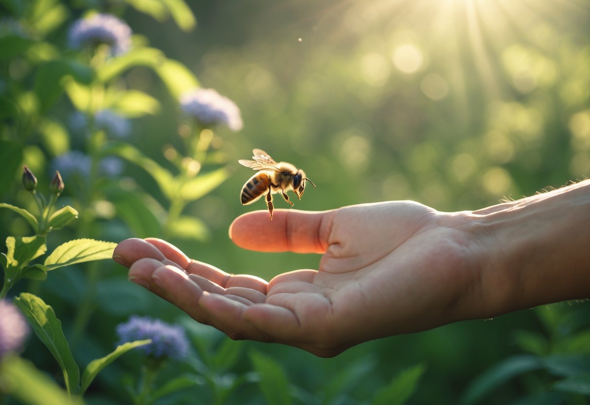 A close-up of a person’s hand outdoors with a honeybee gently landing on it amid green plants and flowers.