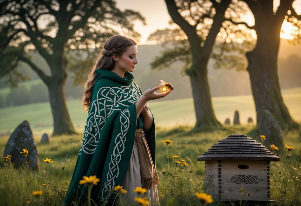 A Celtic woman in traditional clothing gently holds a honeybee in a misty forest with wildflowers, a wooden beehive, and standing stones in the background.