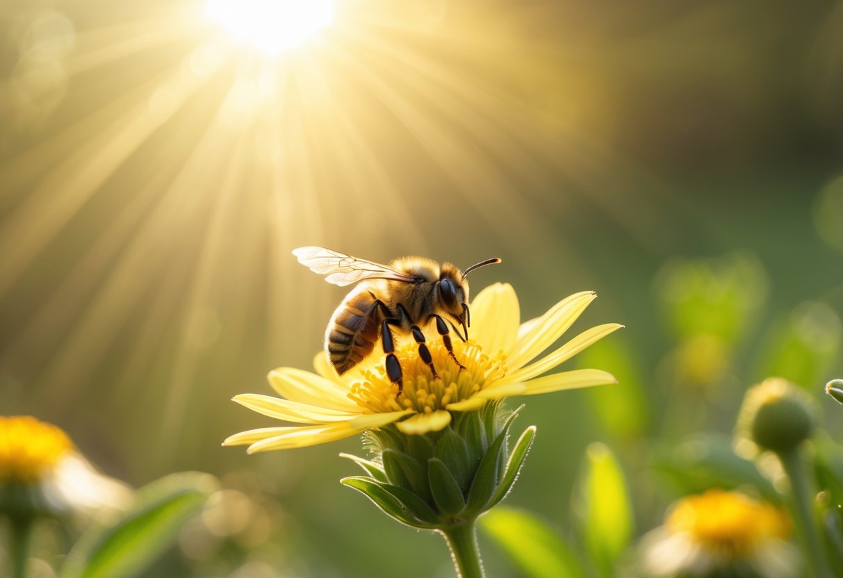 A close-up of a bee resting on a yellow flower with sunlight filtering through green leaves in the background.