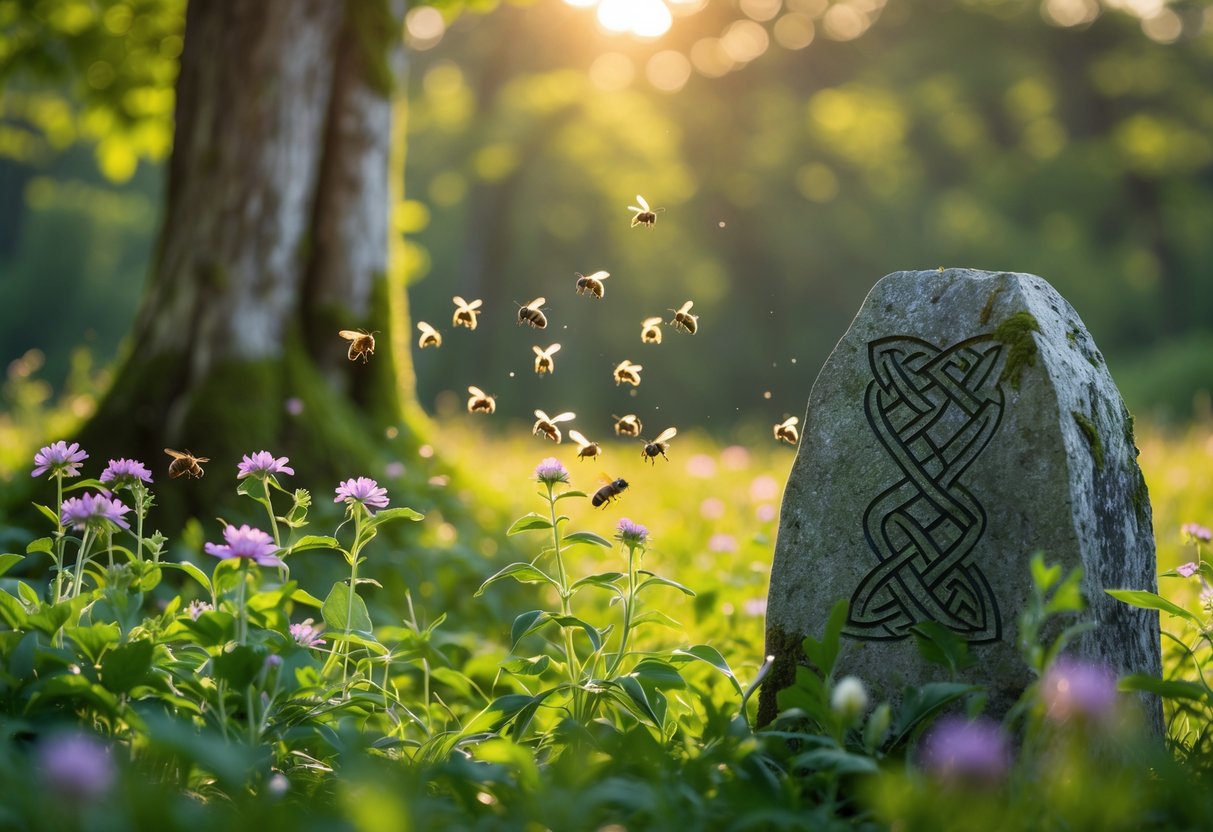 A sunlit forest clearing with honeybees pollinating wildflowers near an ancient stone engraved with Celtic symbols.