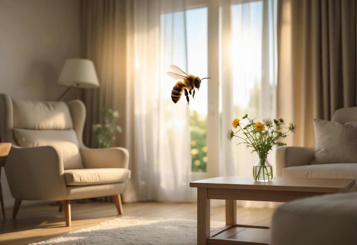 A small bee flying inside a sunlit living room near a window with furniture and flowers.