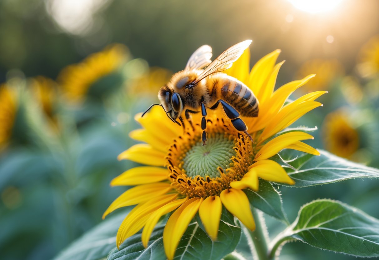 A close-up of a honeybee sitting on a bright yellow sunflower with green leaves in the background.